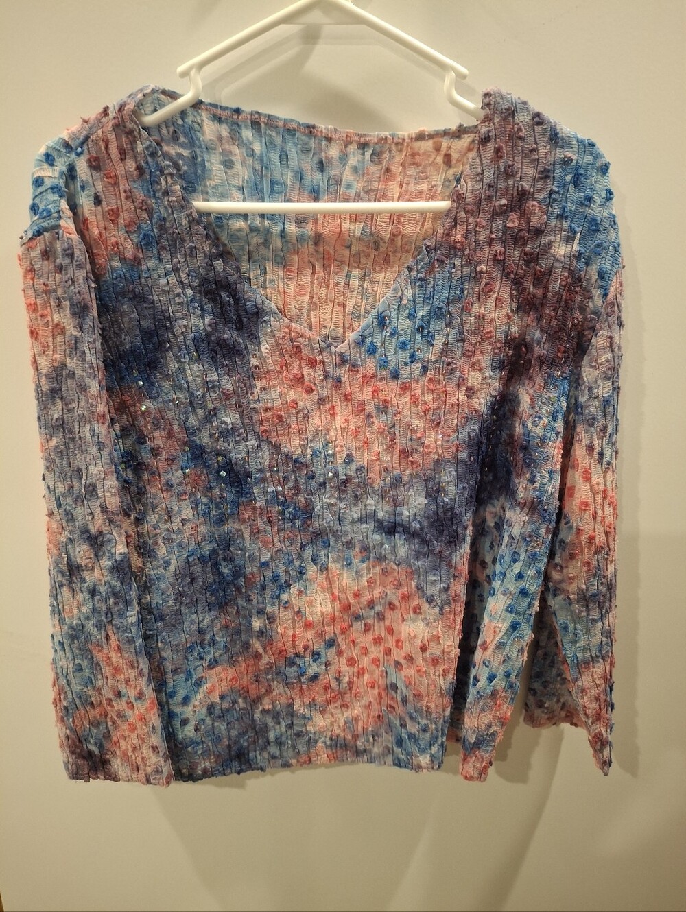 V-Neck Textured Long-Sleeve Top in Blue and Pink